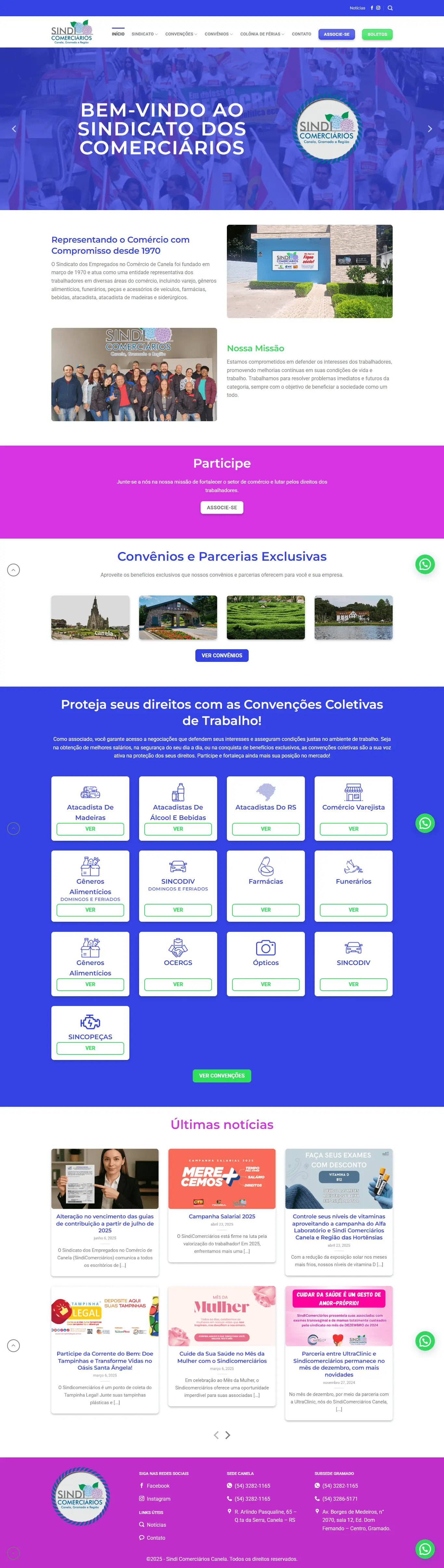 Screenshot do site Sindicomerciários Canela
