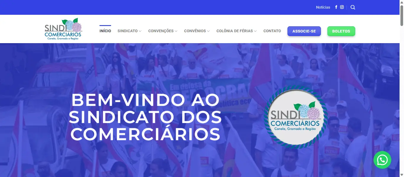 Página inicial do site Sindicomerciários Canela