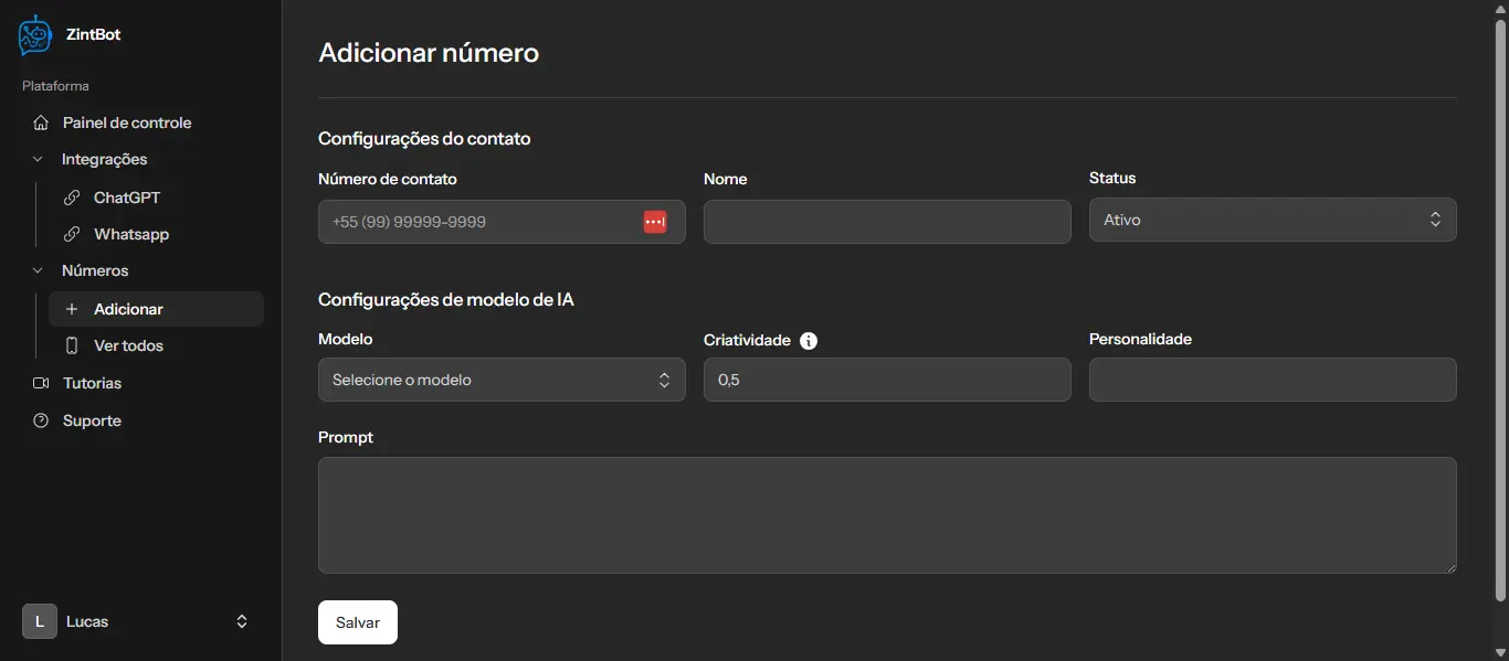 Tela de configuração de chatbot no ZintBot